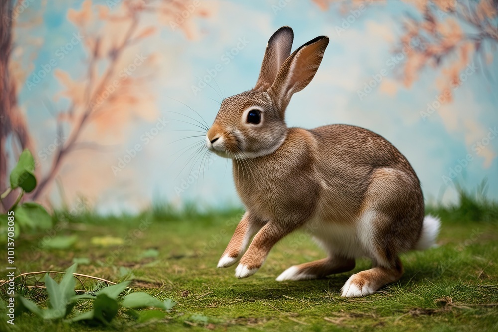 Fototapeta premium Playful Brown Rabbit in Whimsical Natural Background Curious Creature Hopping Through Nature