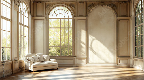 A white couch sits in the corner of a sunlit room with tall arched windows and ornate molding.