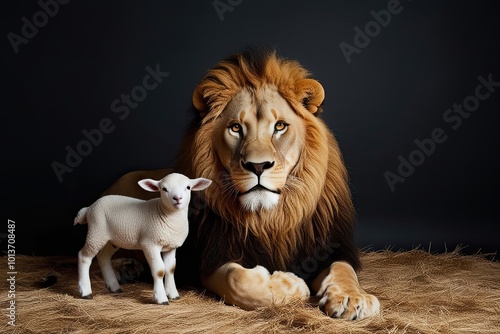 Royal Lion and Gentle Lamb Artwork on Dark Background photo