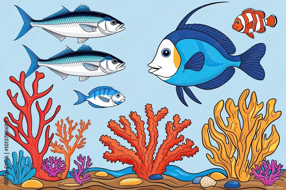 Naklejka premium Ocean Wildlife Coloring Pages Featuring Mackerel Coral Shrimp Blue Tang and Butterfly Fish for Kids