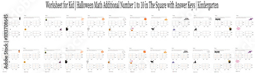 Halloween Math Addition Number 1 to 10 In The Square , Kindergarten , Preschool , Activities, Homework, Activities in the Classroom Digital,Printable,Worksheet