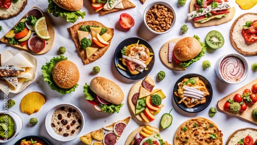 Flat lay of various food options, featuring sandwiches, salads, and desserts on a white background.