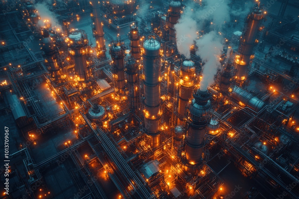 Illuminated Industrial Complex at Night with Dramatic Smoke Illuminated Industrial Complex at Night with Dramatic Smoke