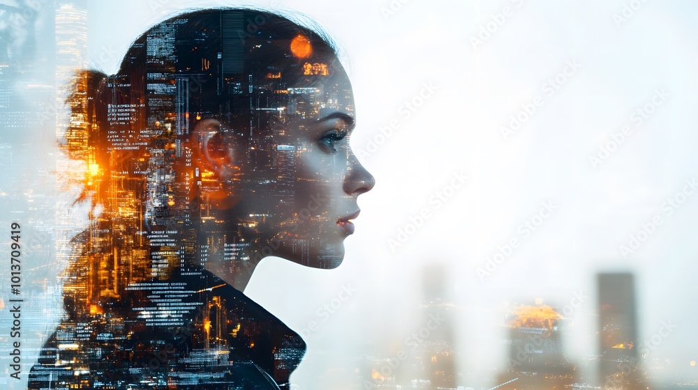 Double exposure of a woman combined with a cityscape and digital data, representing the fusion of urban living and digital information Double exposure of a woman combined with a cityscape and digital data, representing the fusion of urban living and digital information