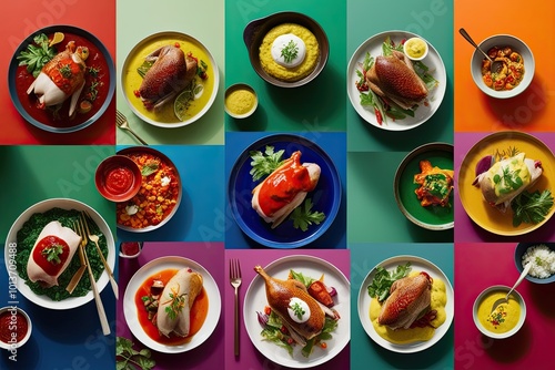Nine Exquisite Duck Dishes with Colorful Sauces on a Vibrant Background