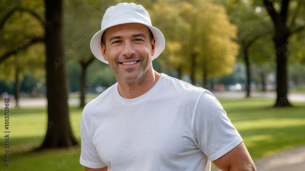 Man wearing white t-shirt and white bucket hat standing in the park Man wearing white t-shirt and white bucket hat standing in the park