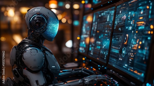 Futuristic AI Character with Humanoid Features Seated in an Ultramodern Digital Workspace Surrounded by Holographic Screens Displaying Dynamic Video Content in a Sleek High-Tech Environment