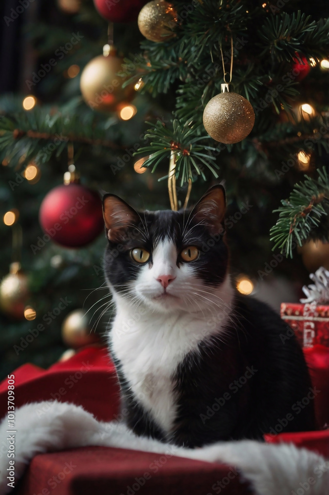 Photo of cute, beautiful, fluffy cat near the Christmas tree, happy new year and merry christmas, gifts, festive mood Photo of cute, beautiful, fluffy cat near the Christmas tree, happy new year and merry christmas, gifts, festive mood