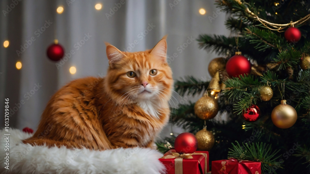 Obraz premium Photo of cute, beautiful, fluffy cat near the Christmas tree, happy new year and merry christmas, gifts, festive mood 