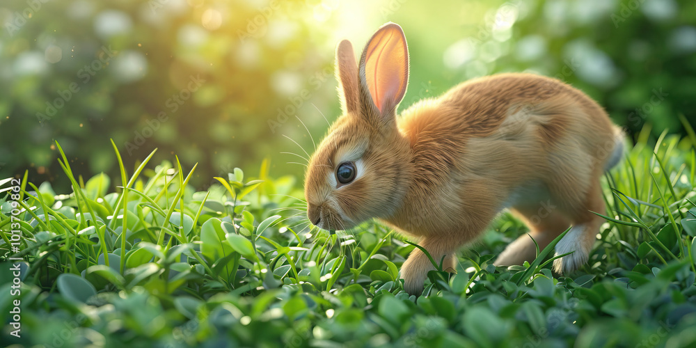 Fototapeta premium A rabbit hopping through a grassy field, nibbling on fresh greenery.