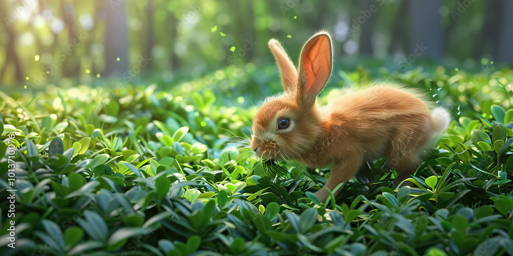 A rabbit hopping through a grassy field, nibbling on fresh greenery. A rabbit hopping through a grassy field, nibbling on fresh greenery.