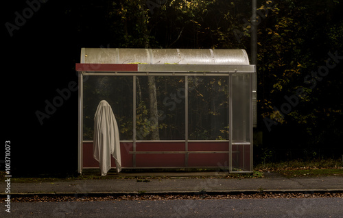Halloween night with ghost at bus station