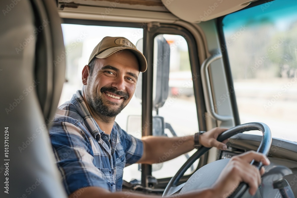 Truck driver sitting in cabin of semi-truck. Man wearing blue and white checkered shirt, baseball cap, driving on road. Trees and blue sky in background. Driver hands on steering wheel. Truck driver sitting in cabin of semi-truck. Man wearing blue and white checkered shirt, baseball cap, driving on road. Trees and blue sky in background. Driver hands on steering wheel.