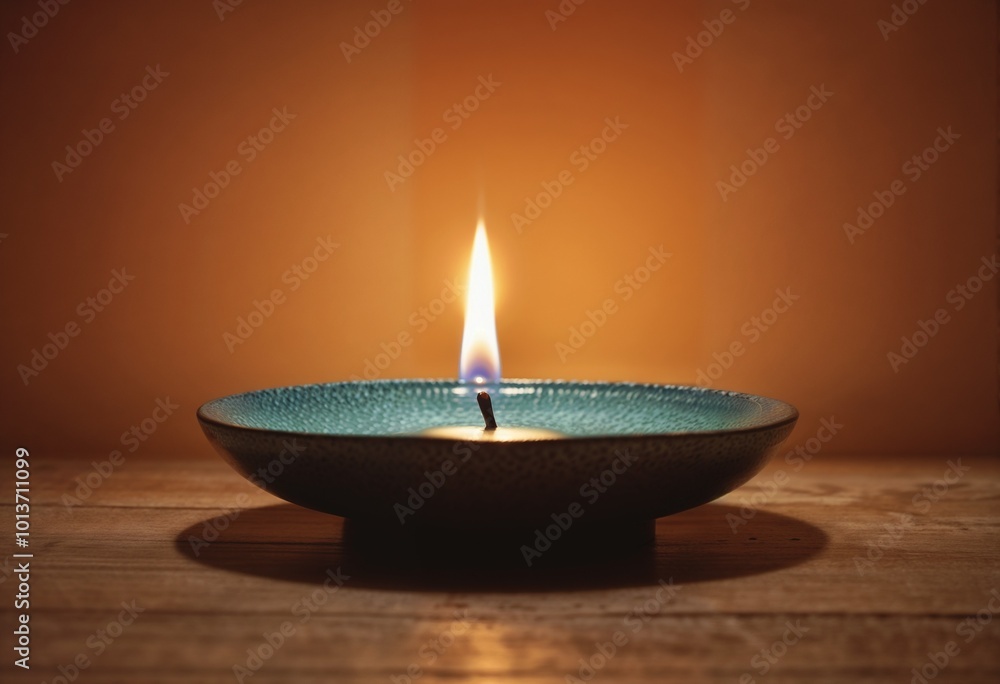 Lit candle in blue ceramic holder on wooden table in warm light. Lit candle in blue ceramic holder on wooden table in warm light.