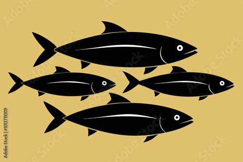 A set of 4 Salmon fishes isolated silhouette black vector art illustration