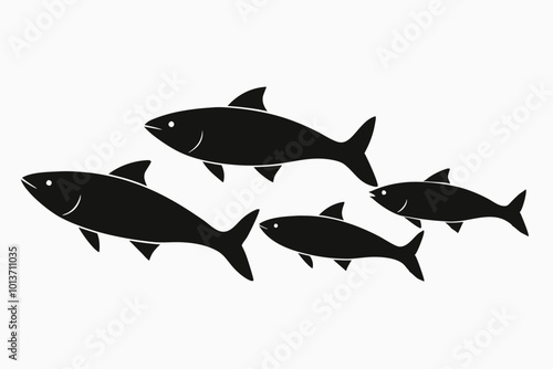 A set of 4 Salmon fishes isolated silhouette black vector art illustration