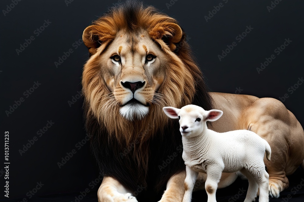 Majestic Lion and Gentle Lamb Artwork on Black Background Majestic Lion and Gentle Lamb Artwork on Black Background