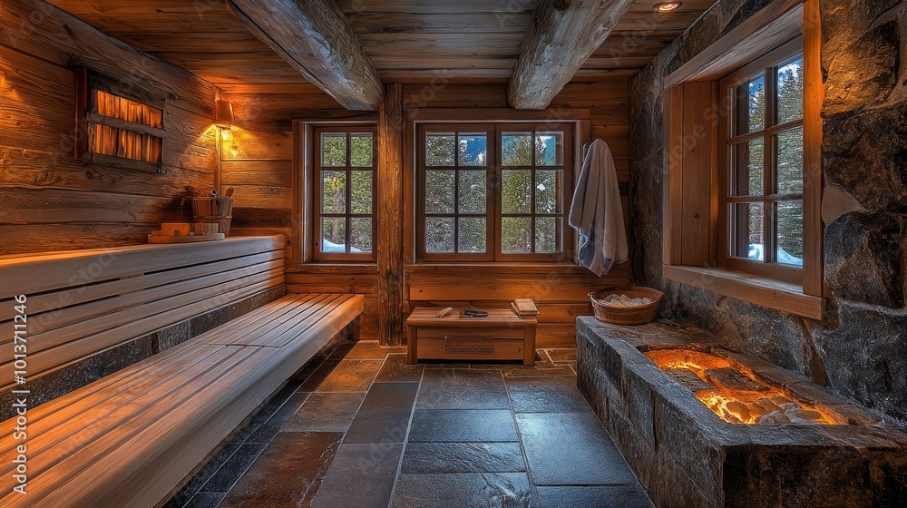 A cozy wooden sauna with a stone fireplace, a wooden bench, and a window overlooking a snowy forest. A cozy wooden sauna with a stone fireplace, a wooden bench, and a window overlooking a snowy forest.