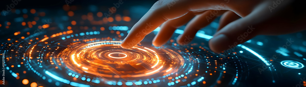 Close-Up of Hand Tapping Holographic Product Option on Digital Display | Macro Shot Capturing Cyber Monday Shopping Interaction with Glowing Effects Close-Up of Hand Tapping Holographic Product Option on Digital Display | Macro Shot Capturing Cyber Monday Shopping Interaction with Glowing Effects