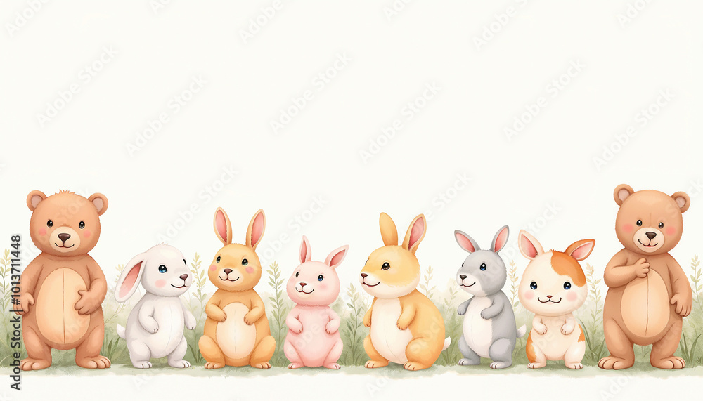 Cute cartoon rabbits and bears standing together in a friendly atmosphere with copy space Cute cartoon rabbits and bears standing together in a friendly atmosphere with copy space