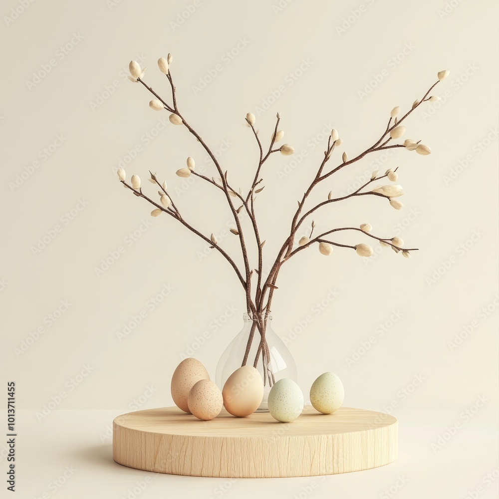 Easter eggs in vase with willow branches on wooden podium Easter eggs in vase with willow branches on wooden podium
