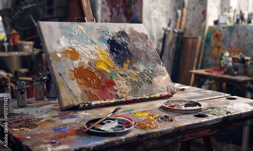 Paint palette on the artist's table, 4K hyperrealistic photo