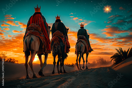 Three wise kings travel through the desert under a starry night sky, following the bright Star of Bethlehem, riding camels, with colorful royal robes fluttering in the wind