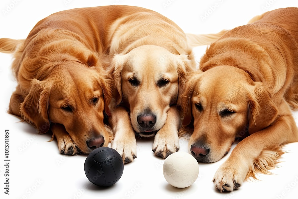 Adorable Golden Retrievers Fetching and Napping on White Background Adorable Golden Retrievers Fetching and Napping on White Background