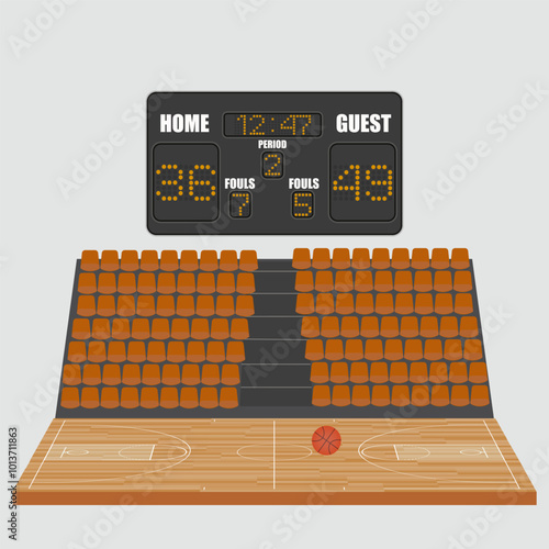 Empty hall field to play basketball team game, seats for fan sector spectators, timer scoreboard indoor sport playground. Basketball court arena stadium