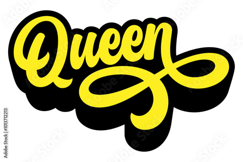 Word ‘Queen’ written in retro groovy three-dimensional script lettering