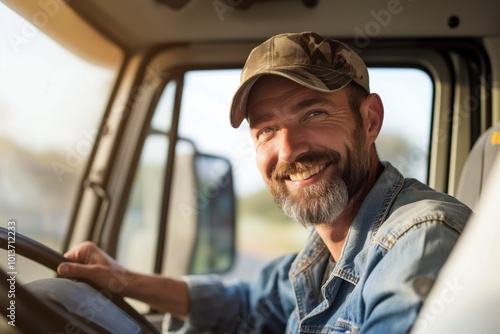 Man in denim jacket, brown cap drives white truck parked on road. Hands grip steering wheel, looking straight at camera. Rich green landscape visible in background.