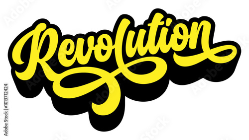 Word ‘Revolution’ written in retro groovy three-dimensional script lettering