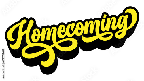 Word ‘Homecoming’ written in retro groovy three-dimensional script lettering