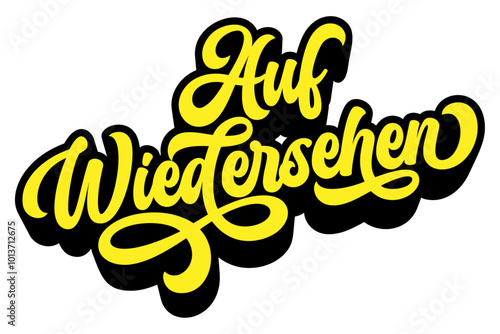 German words ‘Auf Wiedersehen’ (Goodbye) written in retro groovy three-dimensional script lettering
