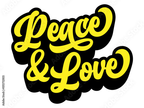 Words ‘Peace & Love’ written in retro groovy three-dimensional script lettering