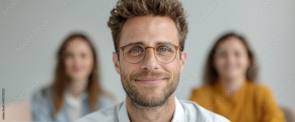 Obraz premium Engaging Portrait of a Smiling Man in a Professional Setting with Colleagues