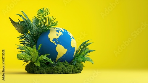 A vibrant globe surrounded by lush greenery on a bright yellow background, symbolizing environmental beauty and sustainability. photo