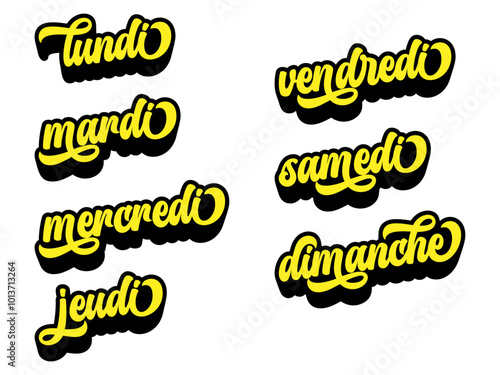 Days of the week written in French in retro groovy three-dimensional script lettering
