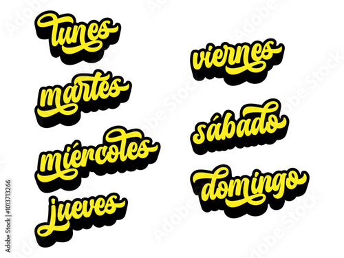 Days of the week written in Spanish in retro groovy three-dimensional script lettering