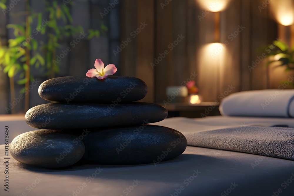 Stacked stones with a flower in a calming spa setting Stacked stones with a flower in a calming spa setting