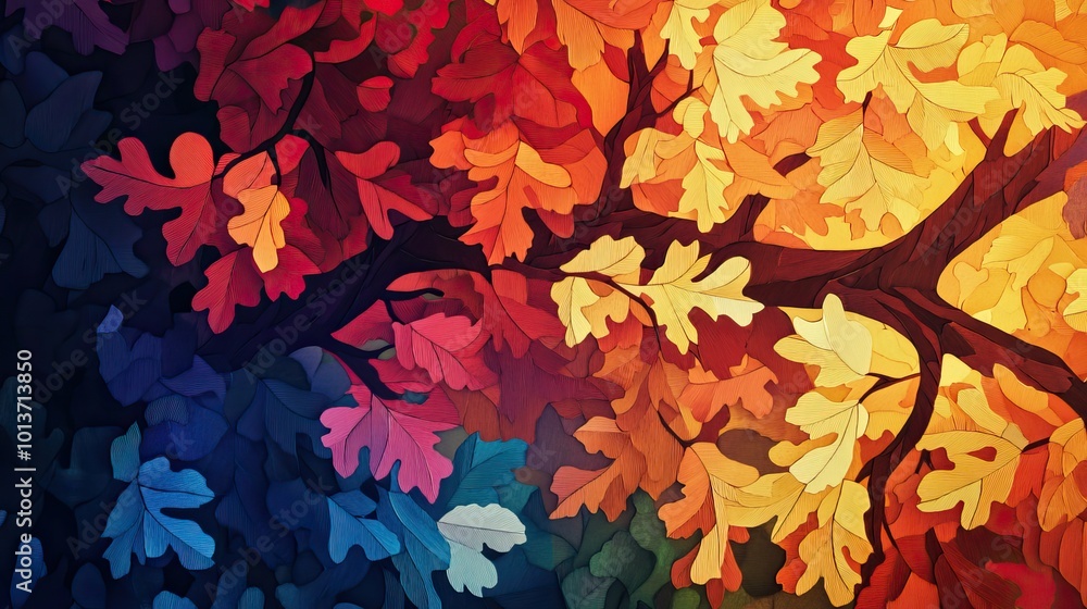 Illuminated oak tree leaves during autumn with branches showcasing vibrant colors Vibrant autumn oak tree leaves illuminated by sunlight Illuminated oak tree leaves during autumn with branches showcasing vibrant colors Vibrant autumn oak tree leaves illuminated by sunlight