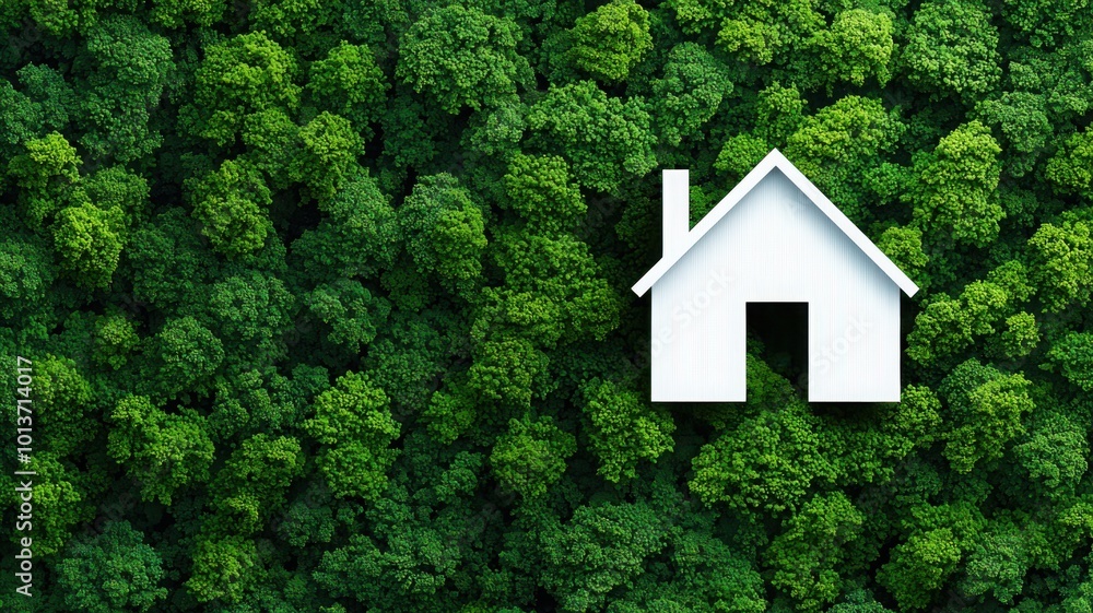 Naklejka premium A simplistic white house icon set against a lush green forest backdrop, symbolizing eco-friendly living and nature.