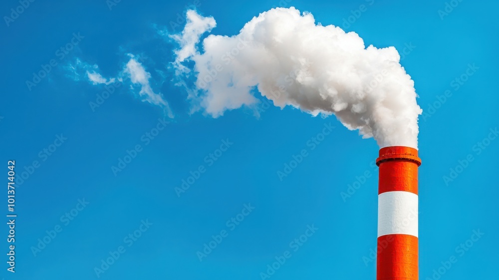 A red and white smokestack emits white clouds of smoke against a bright blue sky, symbolizing industrial activity and air pollution. A red and white smokestack emits white clouds of smoke against a bright blue sky, symbolizing industrial activity and air pollution.