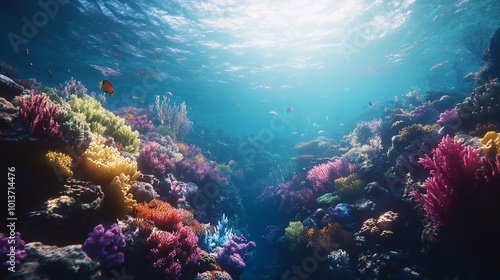 Colorful underwater reef landscape and sea creatures on the blue ocean floor