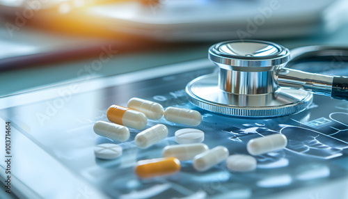 Stethoscope Pills and EKG Data on a White Surface Medical Technology and Healthcare Concept Design