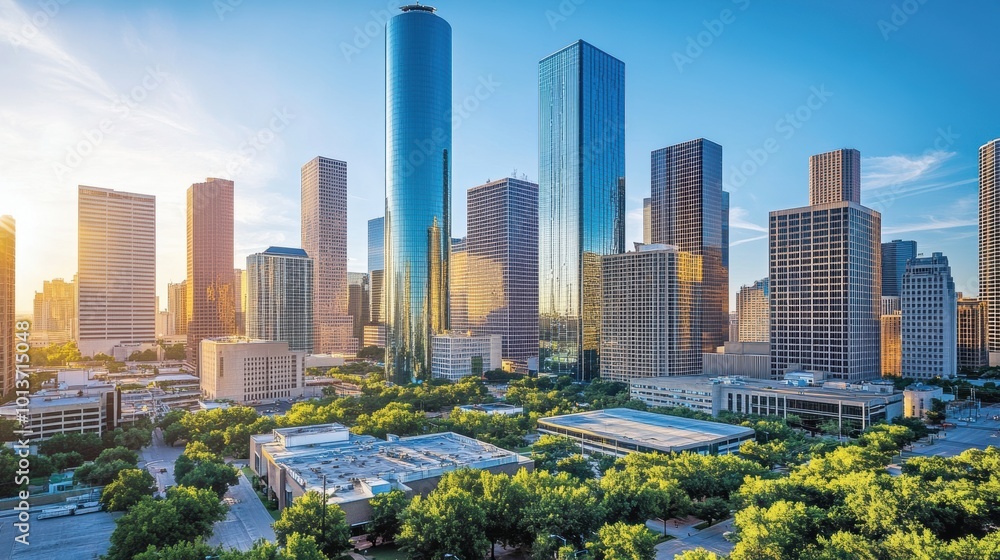 Fototapeta premium A vibrant city skyline featuring tall skyscrapers under a clear blue sky, showcasing modern urban architecture and bustling city life.