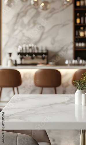 4. **Stylish Dining Space:** Visualize a serene interior with an empty white marble table top at the center, framed by elegant cafe furnishings and soft, diffused lighting. The ambient background photo