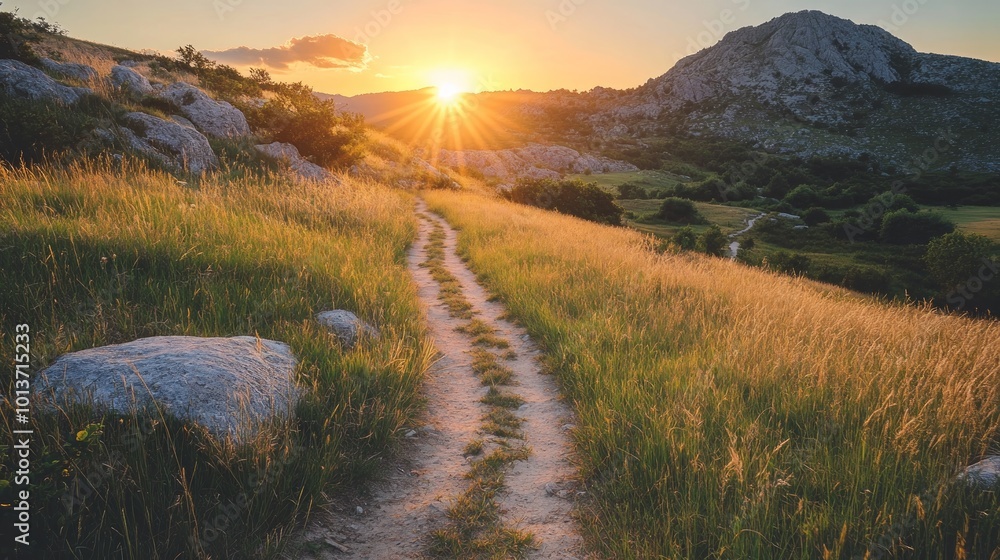 A dirt path winds through a grassy field towards a mountain peak at sunset, with the sun shining brightly in the sky. A dirt path winds through a grassy field towards a mountain peak at sunset, with the sun shining brightly in the sky.