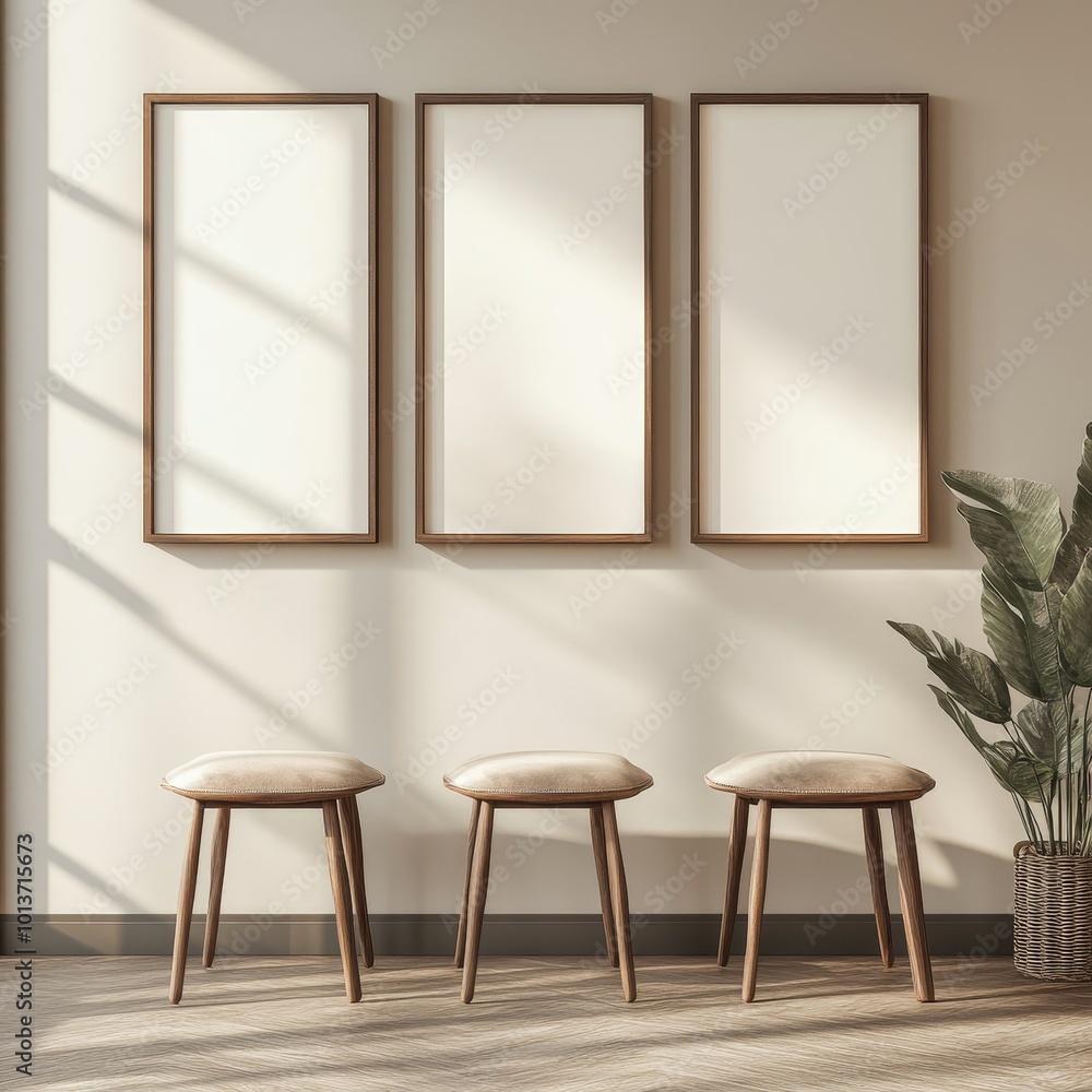 This image showcases a minimalist room featuring three wooden stools and blank frames, basking in morning light for a serene feel. This image showcases a minimalist room featuring three wooden stools and blank frames, basking in morning light for a serene feel.