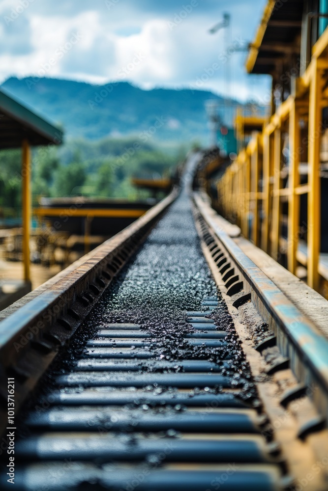 Naklejka premium Conveyor belt transporting mined material in an industrial site